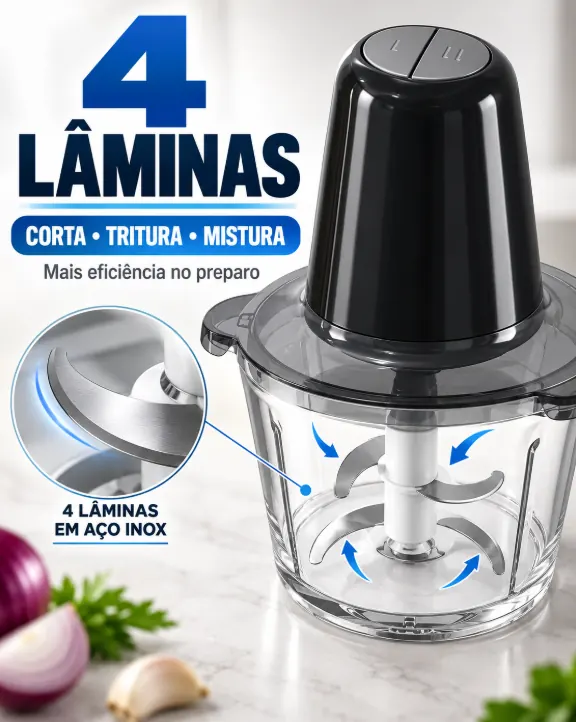 Close nas 4 lâminas em aço inox do MultMix: corta, tritura e mistura