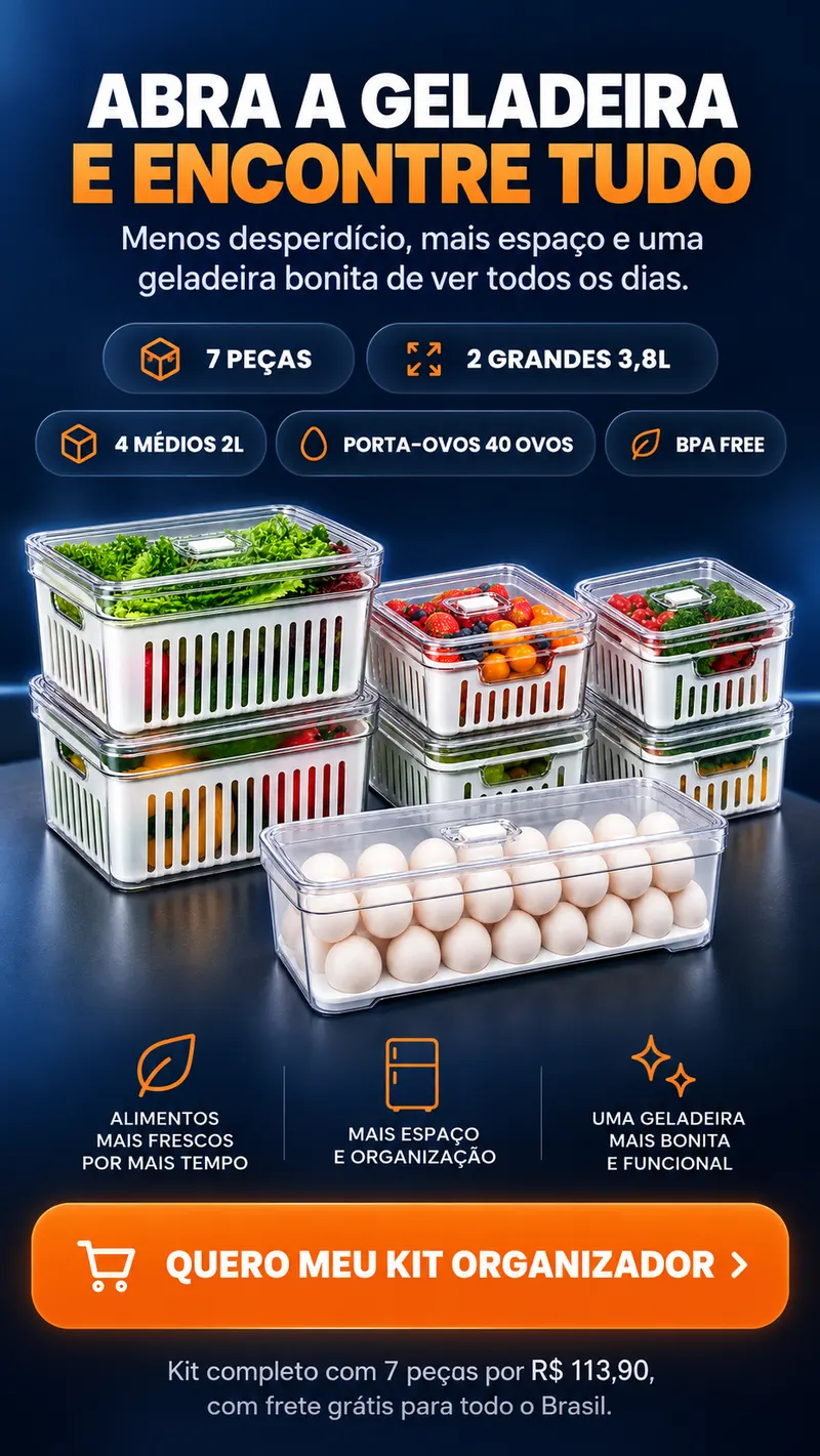 Abra a geladeira e encontre tudo. Menos desperdício, mais espaço e uma geladeira bonita de ver todos os dias. 7 peças, 2 grandes de 3,8L, 4 médios de 2L, porta-ovos para 40 ovos, BPA free. Alimentos mais frescos por mais tempo, mais espaço e organização, uma geladeira mais bonita e funcional. Kit completo com 7 peças por R$ 113,90, com frete grátis para todo o Brasil.