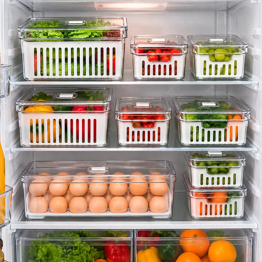 Geladeira aberta com o kit em uso: alface, morangos, uvas, tomates e brócolis nos organizadores e ovos no porta-ovos transparente