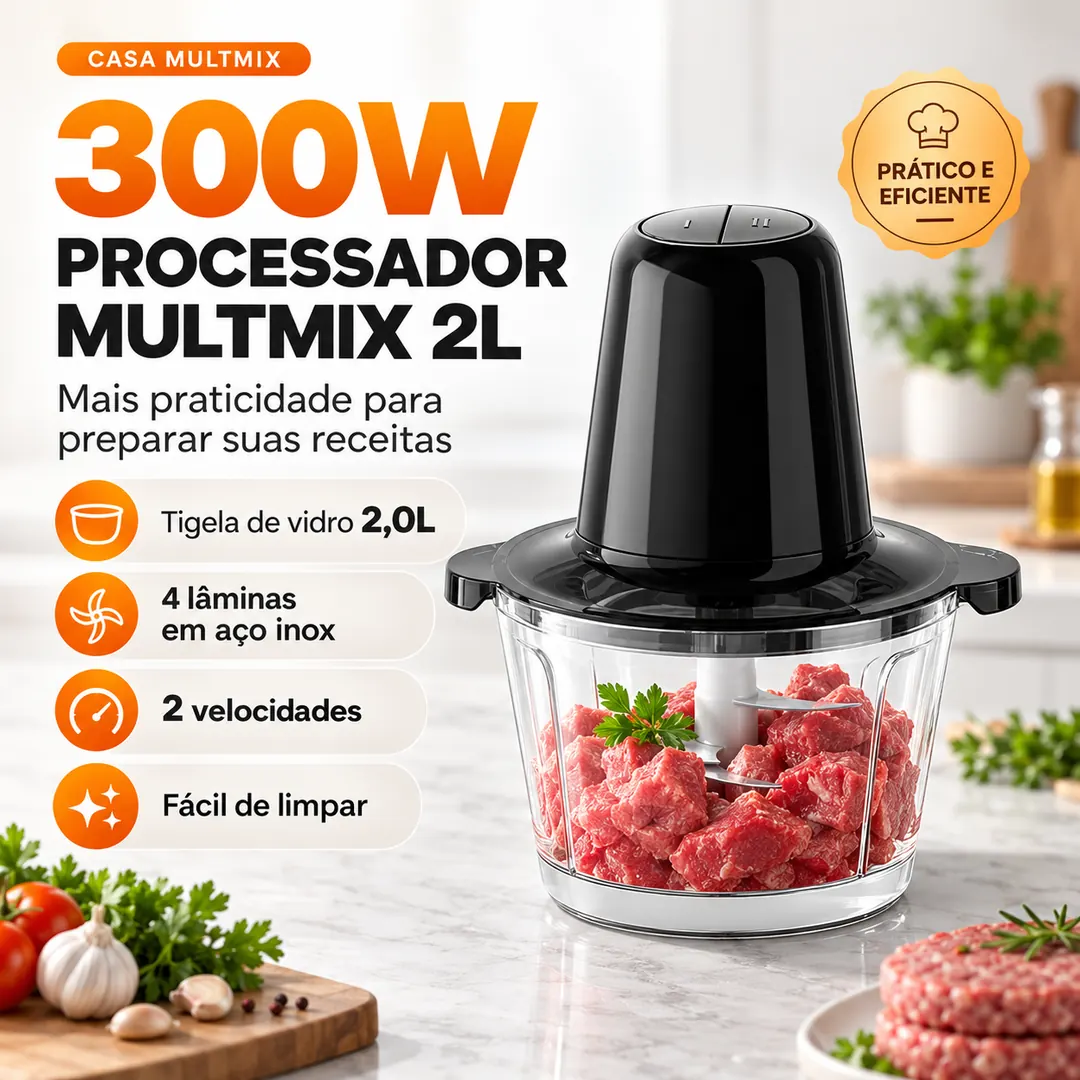 Processador 300W MultMix 2L triturando carne: tigela de vidro 2,0L, 4 lâminas em aço inox, 2 velocidades e fácil de limpar